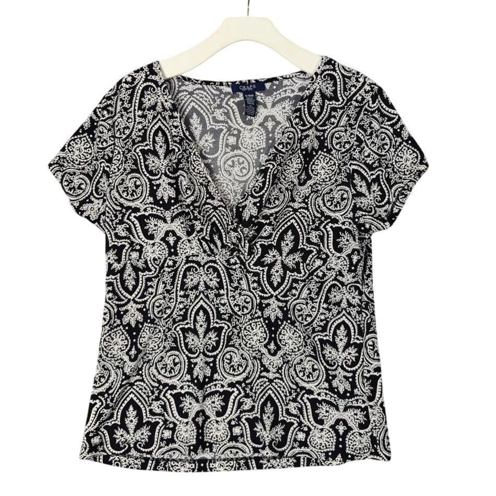 Chaps Women Boho Classic Faux Wrap Top XL Black White Paisley Stretch Blouse